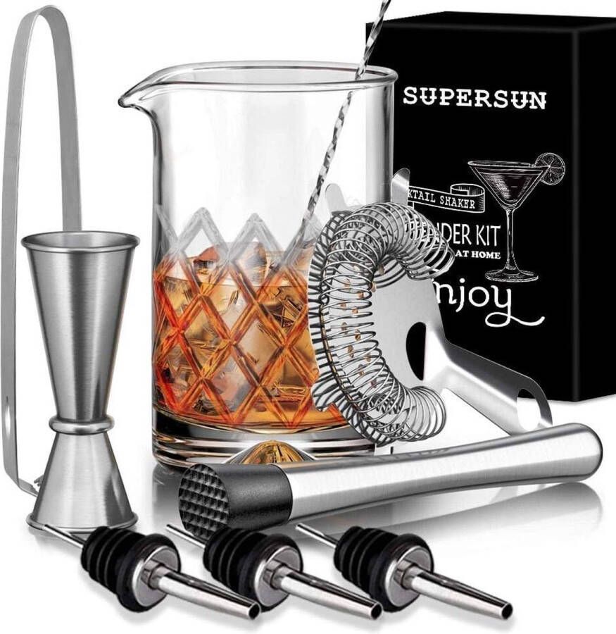 9 stuks mixglas roerglas voor cocktails cocktailmix set met 500 ml loodvrij glas zeef moddler 3 schenktuit lepel jigger ijstang