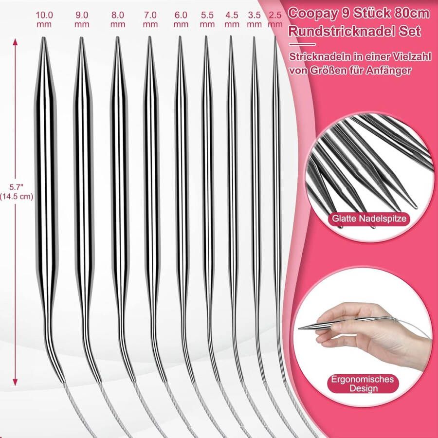 9 stuks rondbreinaalden set van 80 cm lang roestvrij staal rondbreinaalden 2 5-10 mm voor beginners sterke rondbreinaalden voor truien sjaals dekens of groot project