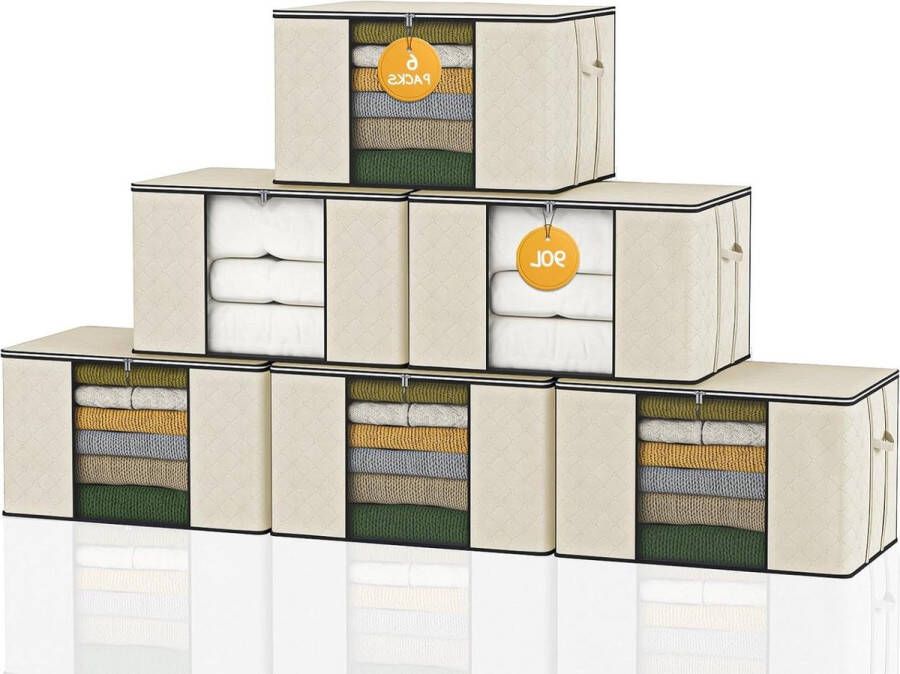 90 liter grote opbergdozen met deksel Set van 6 Verhuisdozen voor kledingopslag Opvouwbare opbergdozen met handgreep Dekbedden en dekens Kledingkast Beige