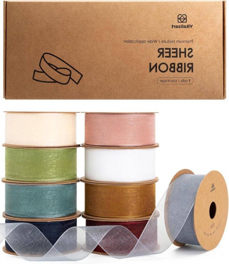 90 Yd Gemengde Kleur Organza Lint Set Handgemaakt Milieuvriendelijk 25 m x 9 Rollen Voor Geschenkverpakking Kerstboom Ambachten Bruiloft Uitnodigingen Kransen Wrap