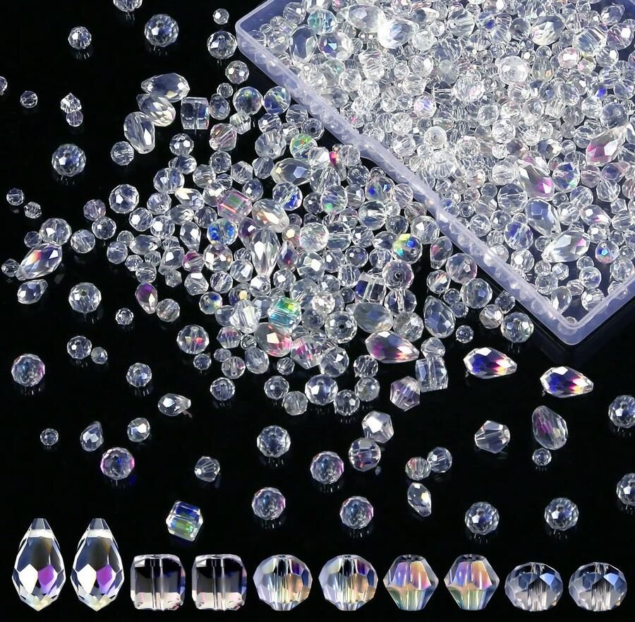 900st Kristal Glas Kralen Set 4 6 8 mm Losse Glaskralen met Containerdoos Geboorde Kralen voor Doe-Het-Zelf Ketting Oorbel Armband Maken (AB-Kleur)