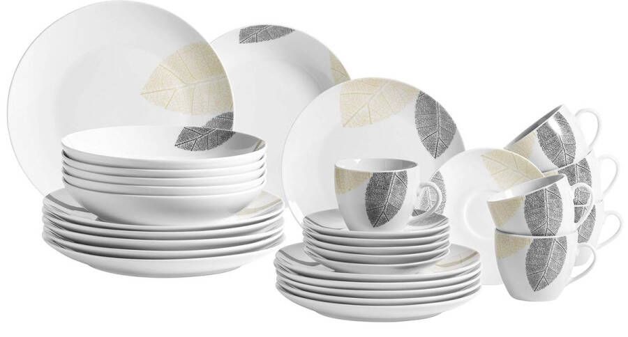 931215 Mooi gedecoreerde serviesset voor 6 personen 30-delig combiservies met randloze vormen porselein wit Luxe servies voor thuisgebruik