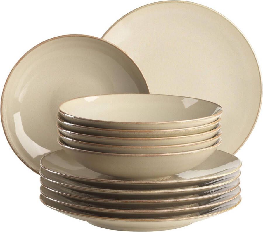 931734 Ossia bordenset voor 6 personen in mediterrane vintage-look 12-delig tafelservies met soepborden en platte borden in keramiek zandgrijs