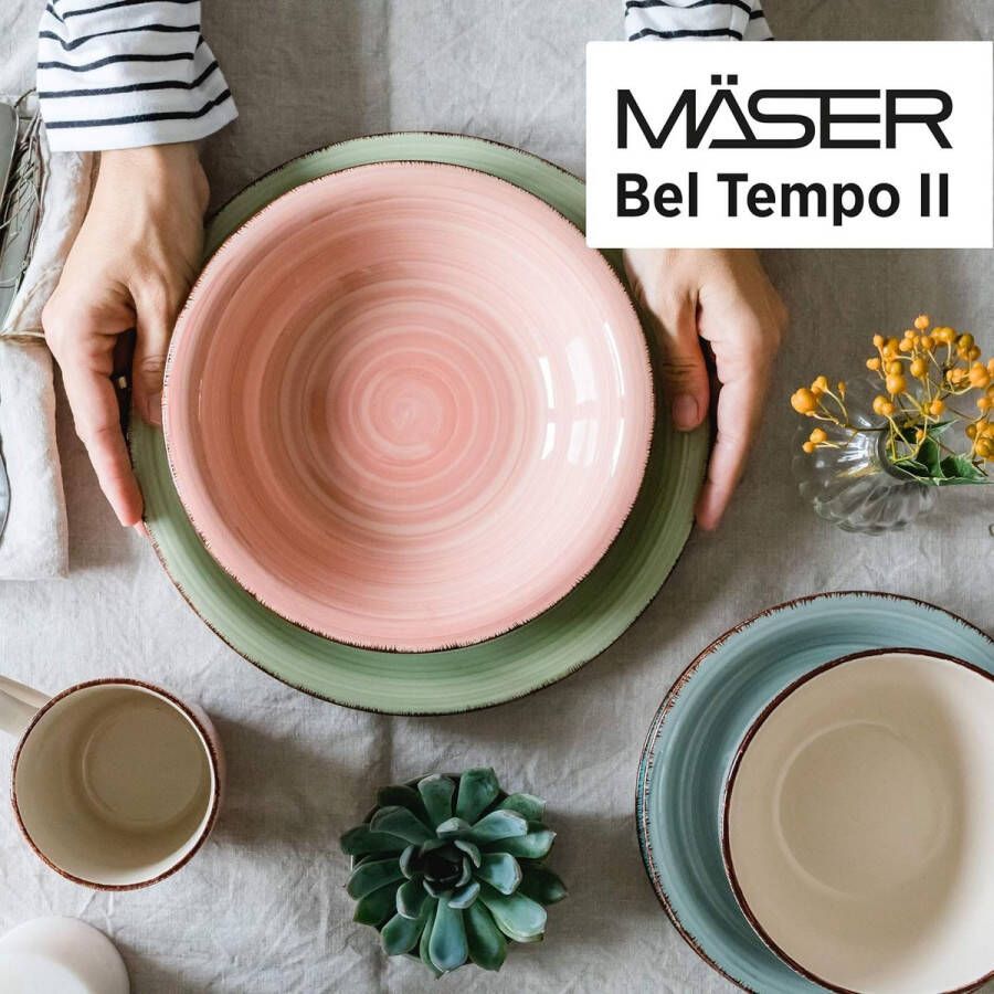 Merklose 931875 Bel Tempo II bordenset voor 6 personen in moderne vintage look 18-delig tafelservies handbeschilderd keramisch servies aardewerk rookblauw