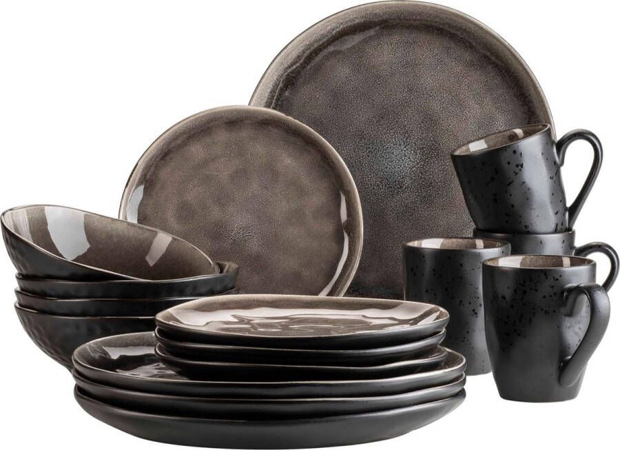 934073 serie Niara Organic moderne serviesset voor 4 personen in vintage look 16-delig combiservies met bijzondere glazuurcombinatie in zwart en bruin aardewerk