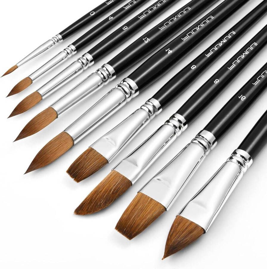 9pcs Professional Sable Hair Watercolor Brushes Point Round Cat's Tongue Oval Wash Flat Filbert Watercolor Gouache Ink Painting