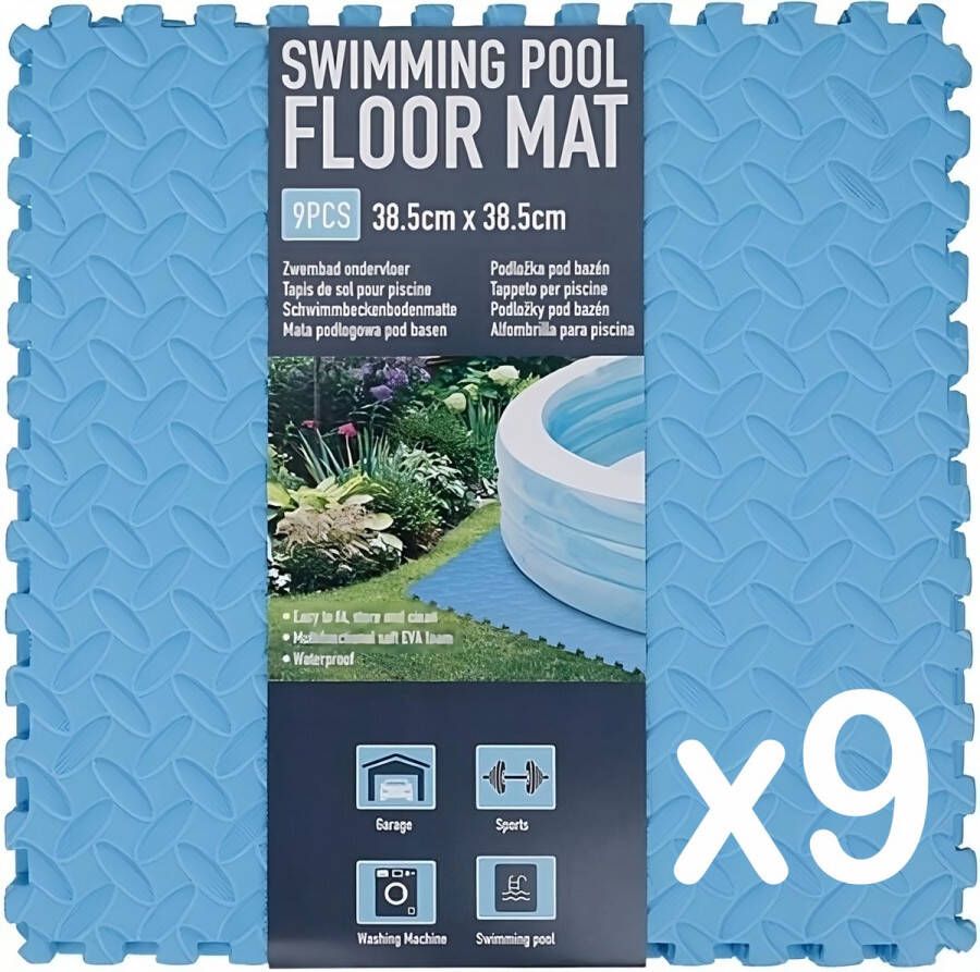 9x stuks Zwembad Tegels Ondervloer Blauw Foam tegels Grip mat Ondergrond Bodem bescherming Puzzelmat voor zwembad 38 5 x 38 5 x 0 8 cm
