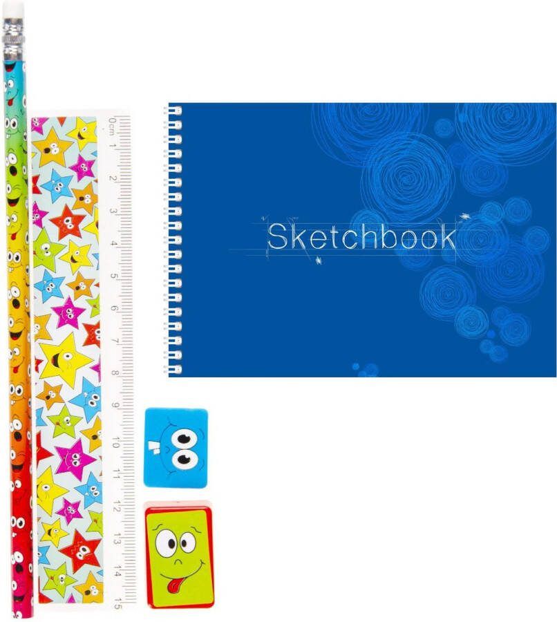 A3 schetsboek tekenboek 20 pagina's met funny faces thema tekenset 4-delig