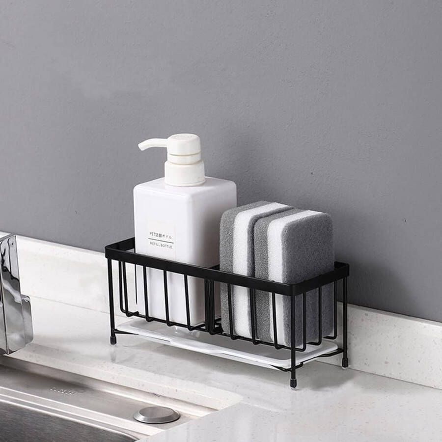 Kitchen Sink Caddy Stainless Steel Sponge Holder with Removable Drain Tray Kitchen Organiser (Black)
