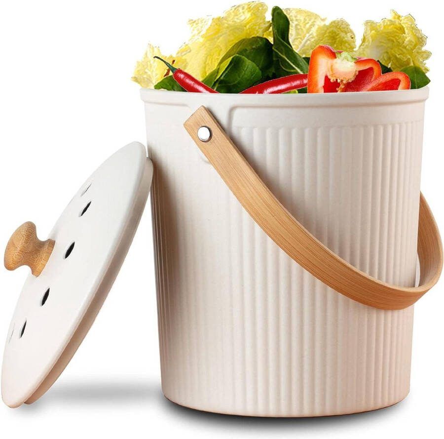 Aanrecht Compostbak Duurzame Bamboevezel Geurloze Compostemmer 1 Gallon Crème