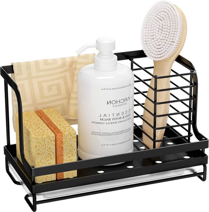 Aanrecht Organizer Caddy met Afvoerpan Probeer Spons Scrubber Borstel Vaatdoek Houder Rack Teller Roestvrij Staal Roestvrij Zwart