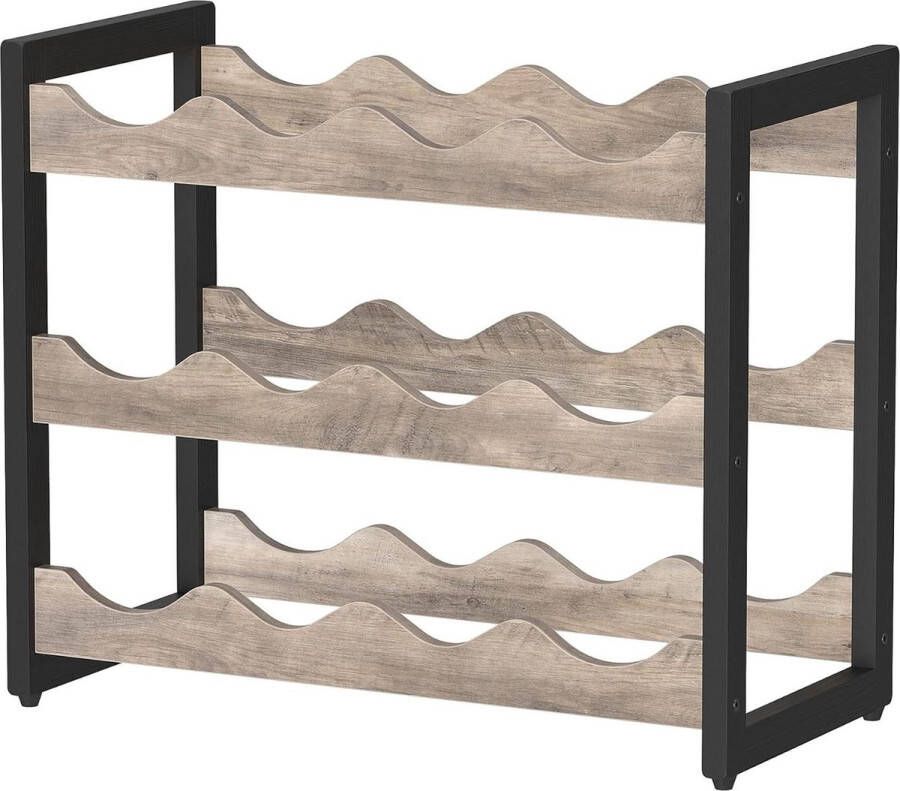 Aanrecht wijnrek met 3 planken voor maximaal 12 flessen bamboe flessenhouder grijs-zwart KWR011W01 Wijnopslag voor keuken bar