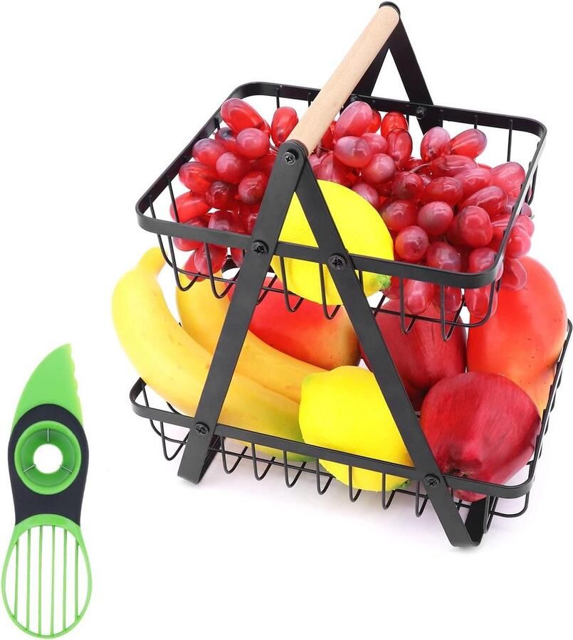 Aanrechtdraad fruitmand met avocado-verdeler 2 laags keukenfruitkomstandaard broodmand groenterek voor fruit groenten thuis keukenopberghouder (zwart)