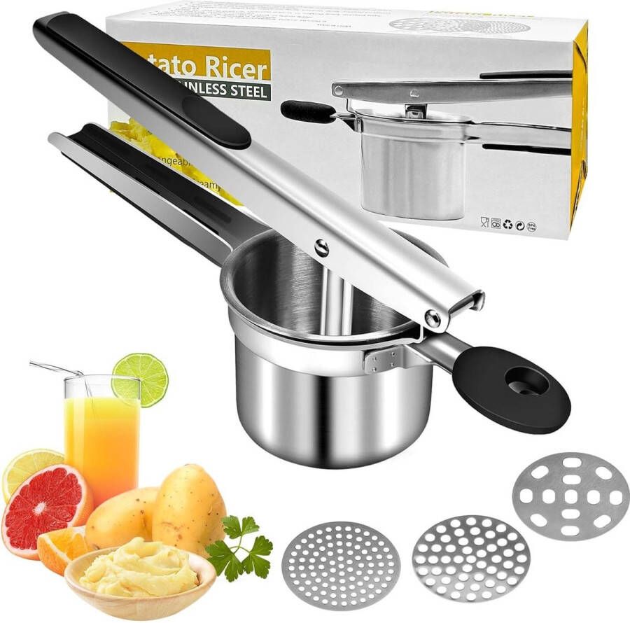 Aardappelpers aardappelstamper met 3 verwisselbare spätzlezeefs vaatwasmachinebestendig voor aardappelpuree babyvoeding sap citroen uitpersen