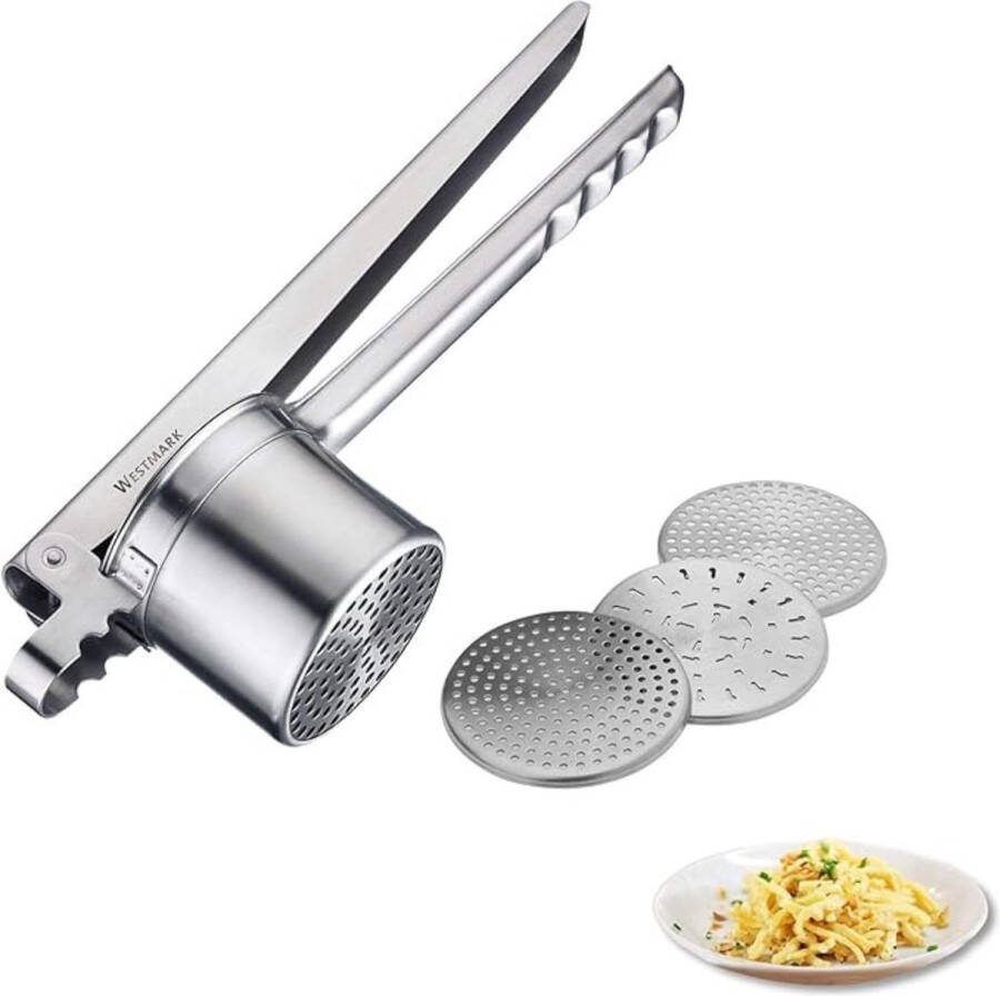 Aardappelpers met 4 verwisselbare geperforeerde schijven roestvrij staal lengte: 35 cm zilver. Aardappelpers met 4 verwisselbare geperforeerde schijven gemaakt van roestvrij staal lengte: 35 cm zilver