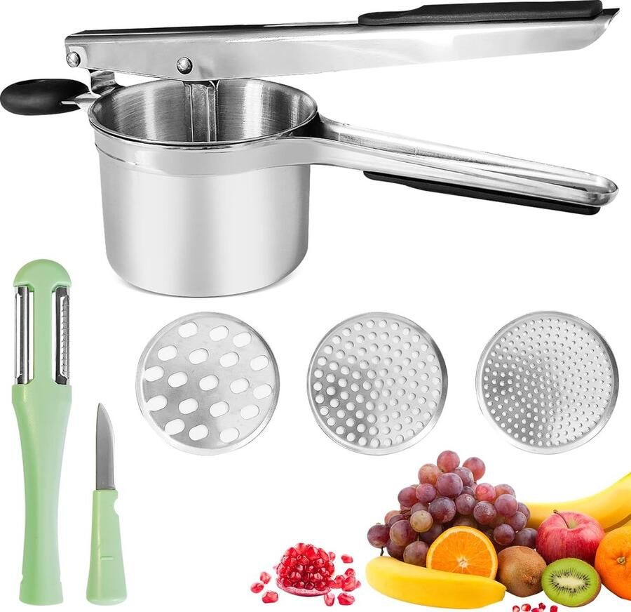 Aardappelpers roestvrij staal materiaal met 3 verwisselbare filters en 1 multifunctioneel schilmes spaghetti-ijspers persen van verschillende meloenpurees en groentesappen enz