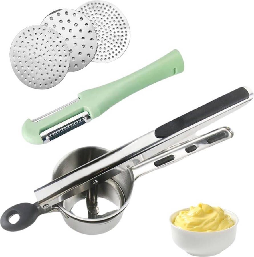 Aardappelpers spätzlepers aardappelpers van roestvrij staal spaghetti-ijspers vaatwasmachinebestendig met 3 verwisselbare spätzlezeefs spagettieis knijp voor pluizige aardappelpuree