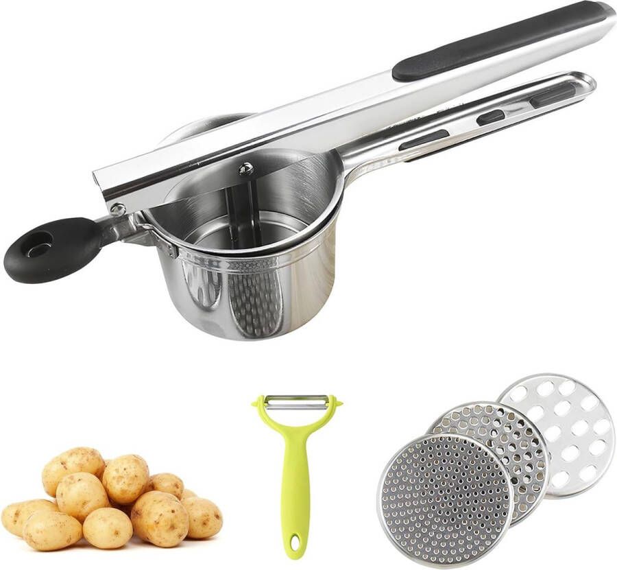 Aardappelpers spätzlepers van roestvrij staal vaatwasmachinebestendig met 3 verwisselbare spätzlezeefjes en dunschiller roestvrij staal met antislip siliconen handgreep