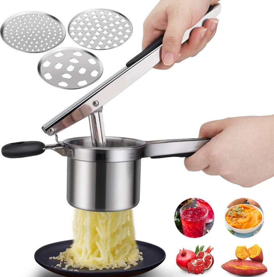 Aardappelrijstmachine verdikkende roestvrijstalen aardappelrijstmachine met 3 gatenschijven multifunctionele aardappelstamper voor aardappelpuree babyvoeding sap maken citroenknijpen