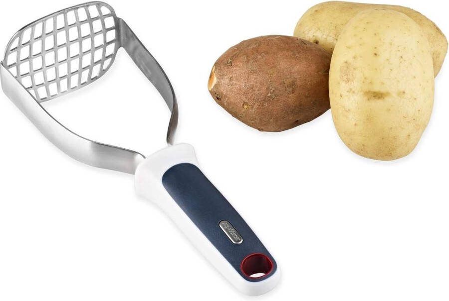 Aardappelstamper Kunststof-Roestvrij Staal Wit-Grijs Pureestamper-Groentestamper Vaatwasserbestendig 5 Jaar Garantie