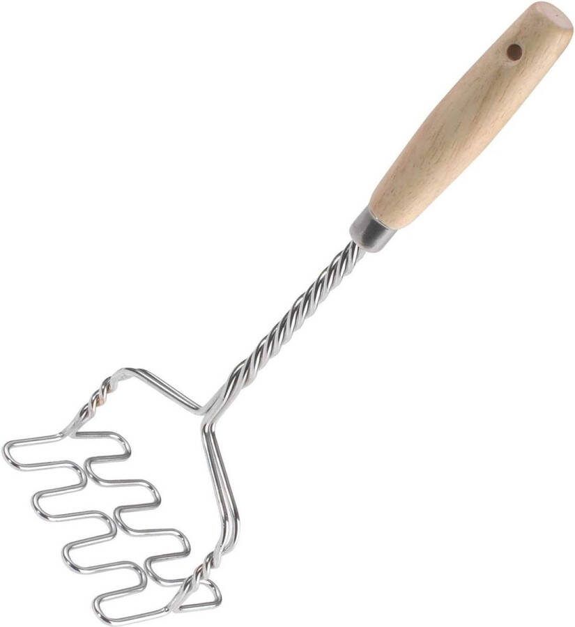 Aardappelstamper lengte: 34 cm roestvrij staal hout zilver lichtbruin