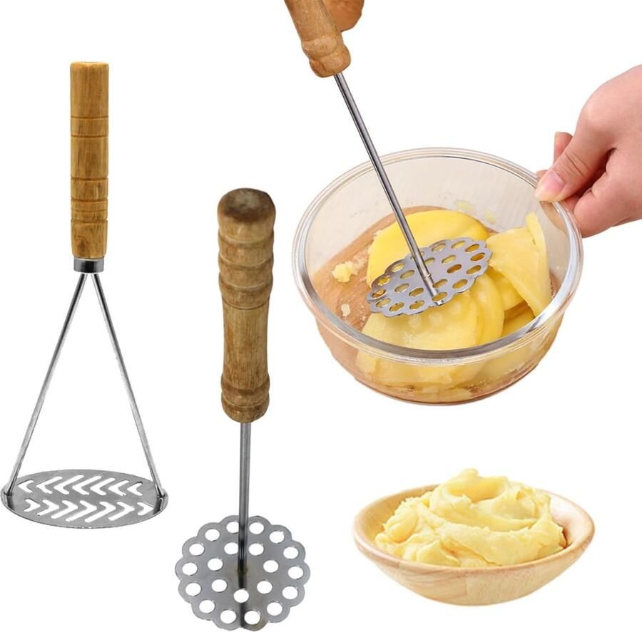 Aardappelstamper Pansaan 2 stuks roestvrijstalen aardappelstamper met houten handvat handstamper met dik handvat voedselstamper voor aardappelpuree avocado bonen