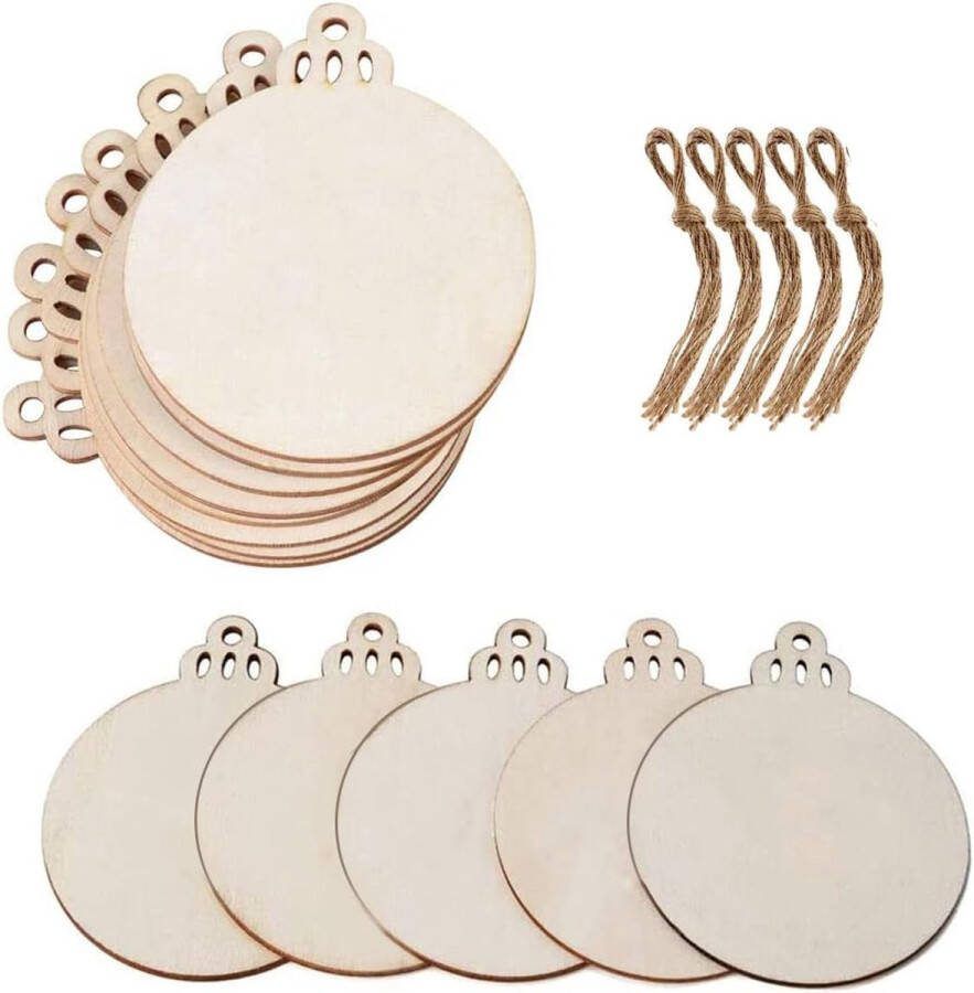 ABSOK 50 stuks houten ronde Bauble lege hangende houten stukken kerstboom hangers ornamenten met touw voor vakantie decoratie en DIY ambachtelijke maken cadeau-tags & opknoping decor versieringen