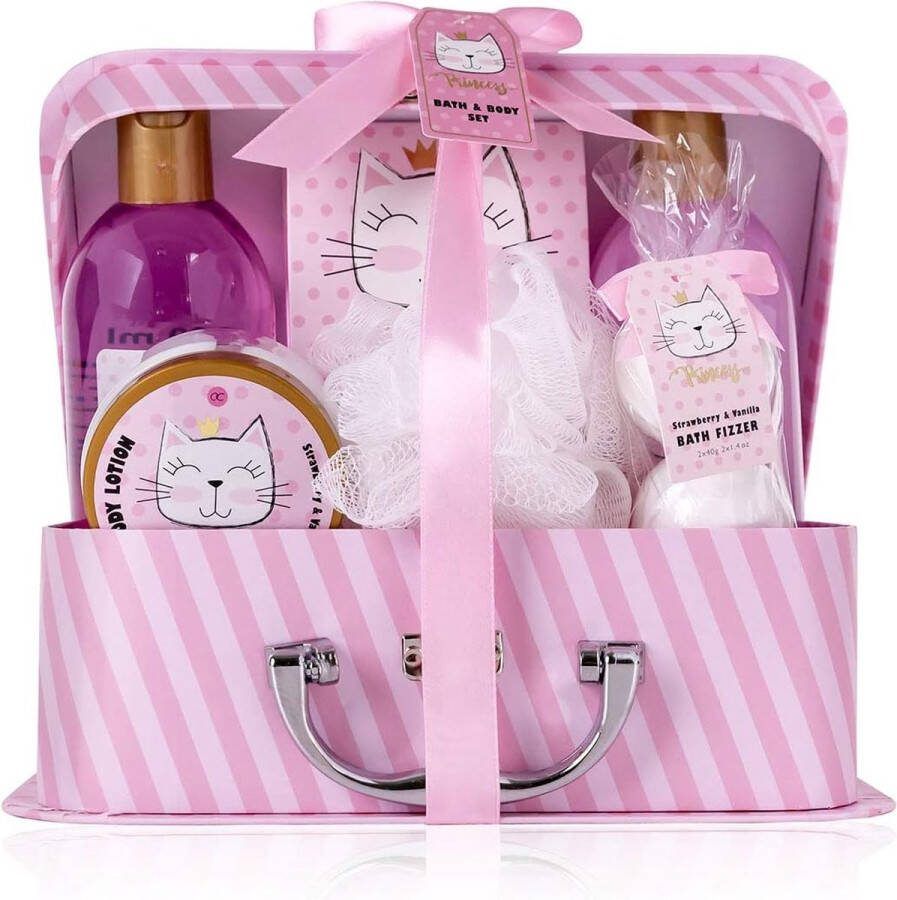 Accentra Princess Kitty cadeauset voor meisjes & vrouwen 7-delige doucheset met bubbelbad bath bombs douchegel bodylotion & meer verzorgingsset met aardbei & vanille geur in papieren etui