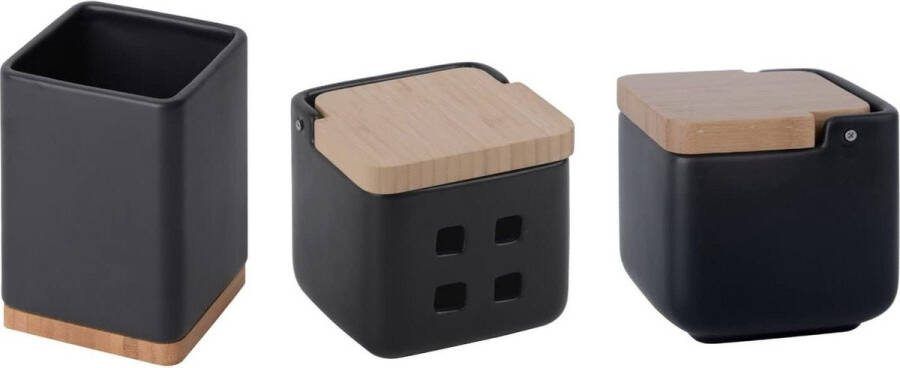 Accessoireset voor keuken zoutpot met deksel knoflookblik keukengereihouder keramiek matzwart bamboe Zoutpot