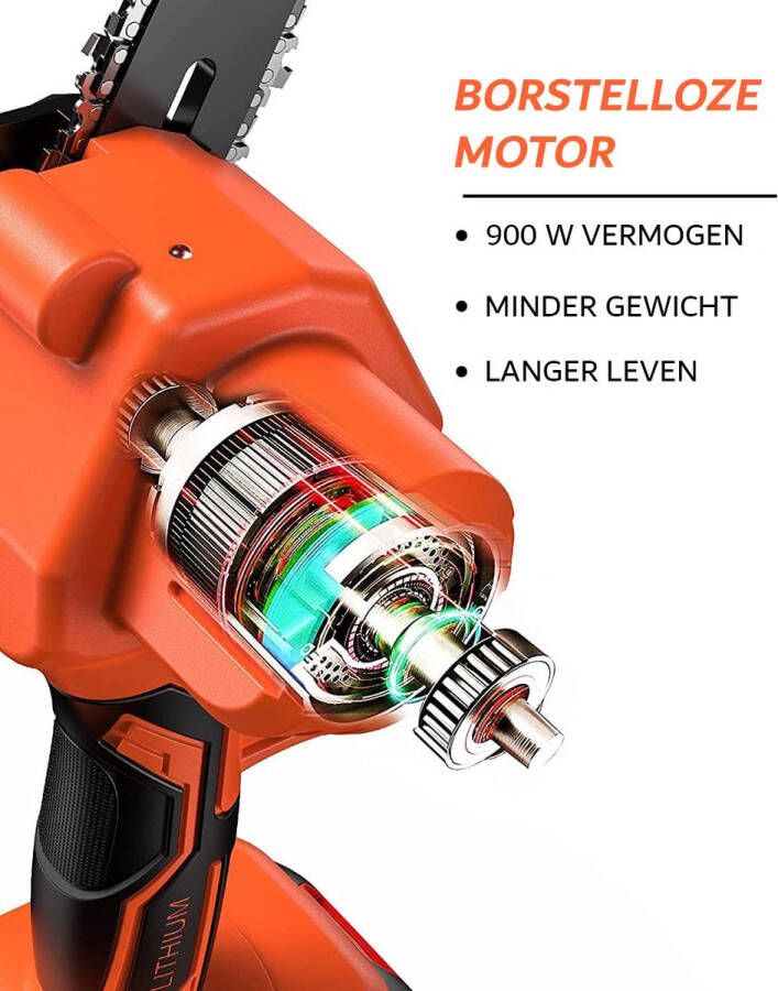 Mini-kettingzaag met 6 inch ketting 900 W borstelloze motor draagbaar en elektrisch met 2 accu's 2 kettingen en 21 V oplader