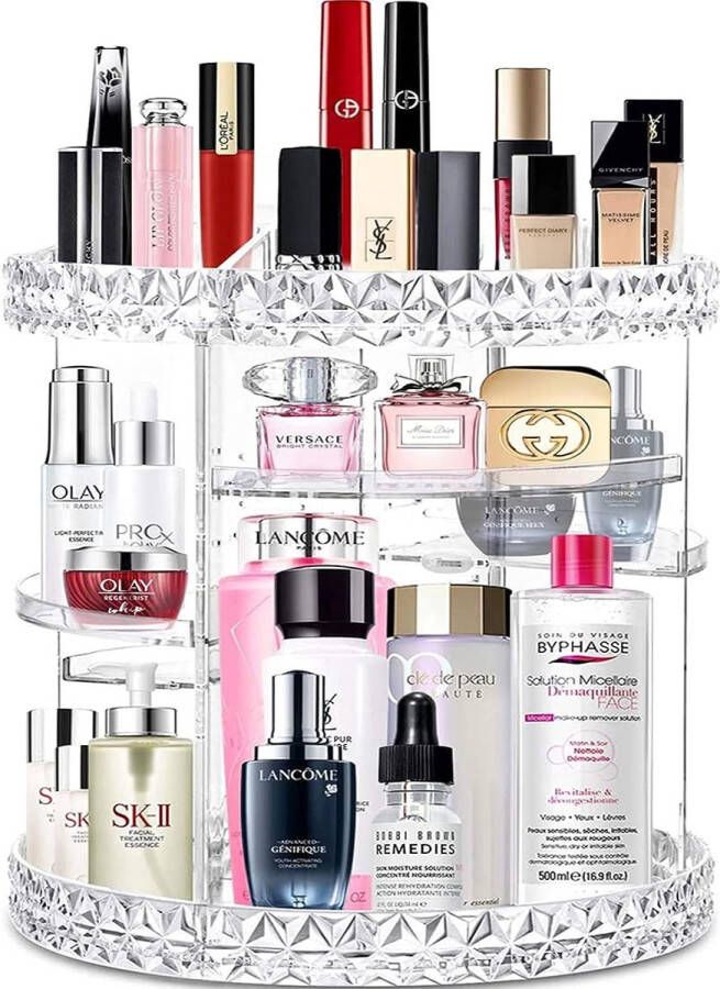 Acryl Make-up Organizer Cosmetische Opbergruimte Parfumhouder voor op het werkblad Badkamer Kaptafel 360 graden draaibare Make-up Stand voor Beauty Caddy Huidverzorging Transparant & Diamantpatroon