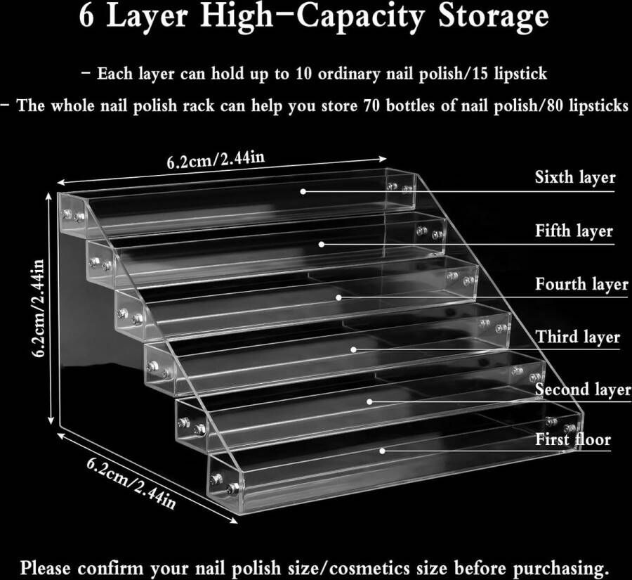 Acryl nagellak organizer houder 6 lagen nagellak displaystandaard nagellak organizer plank voor maximaal 70 standaard flesjes acryl nagellak houder voor essentiële oliën van parfum (21 5 x 26 5 x 31 cm)