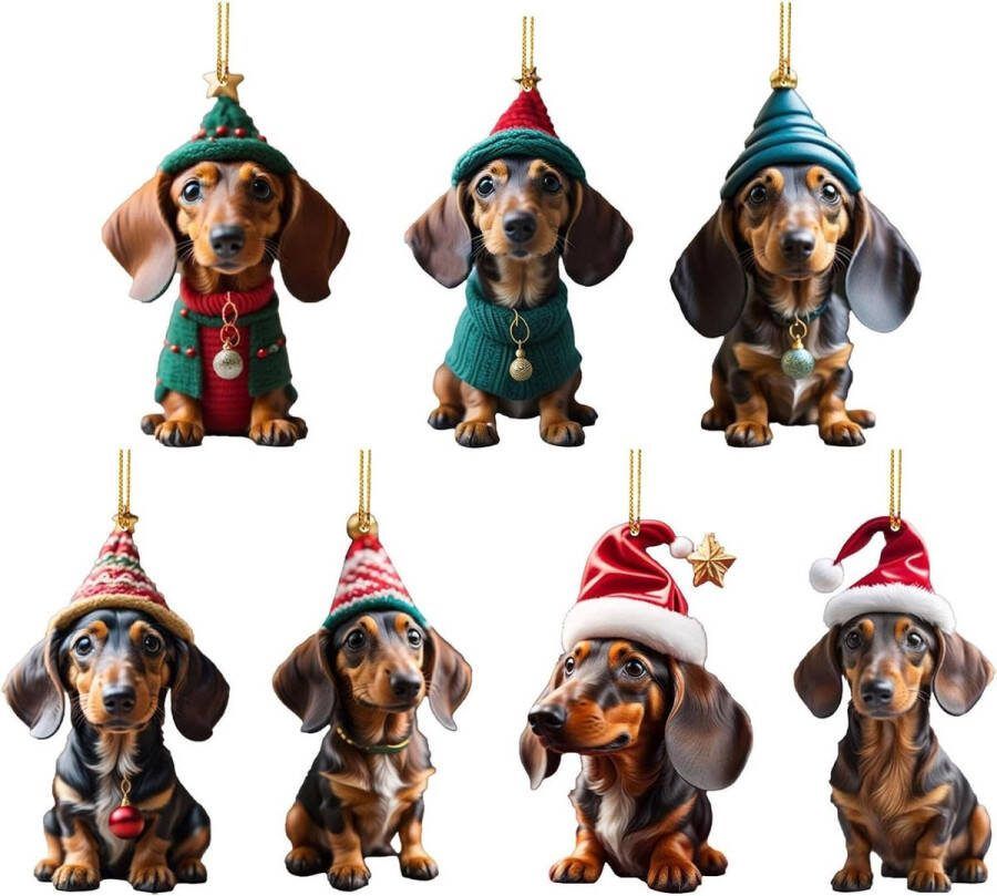 Acrylic Sausage Dog 2D Christmas Dog Hangings Ornament Hangings Christmas Tree Flat Hangings Ornaments Christmas Tree Decorations Decorative Pendants 7pcs Window Wall Door Bag Accessories