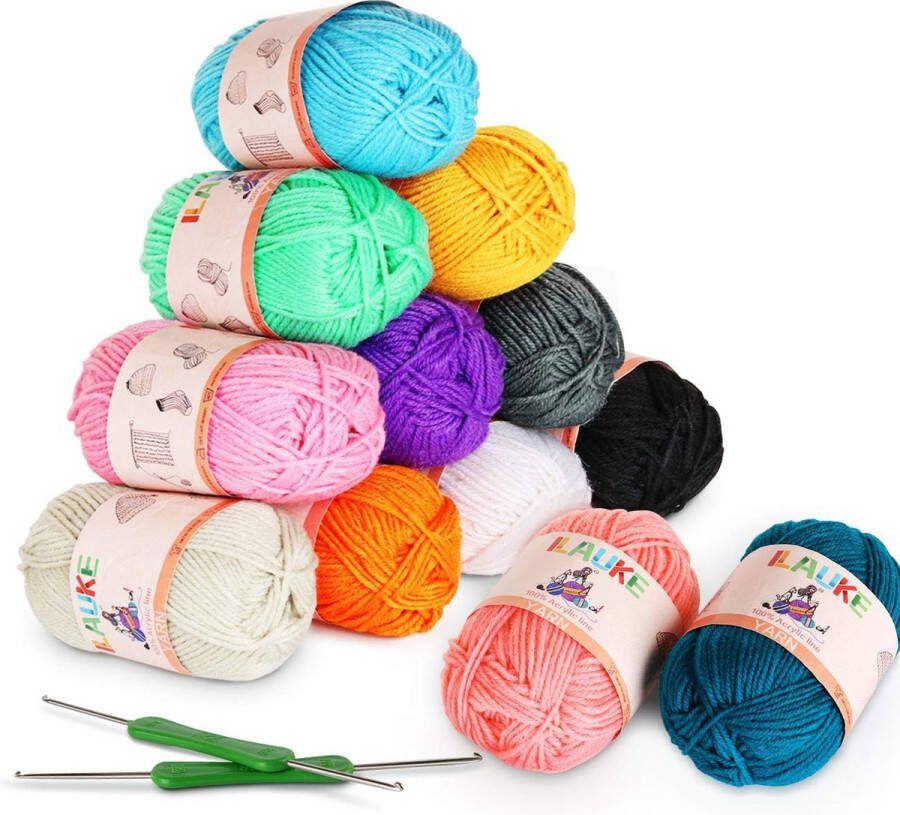 Acrylwol 12 Kleurenx50g Acryl Brei Haak Garen Ballen in Geassorteerde Kleuren Babywol Fluweelzacht met 2 Haaknaalden voor Breien Gehaakte Garen Multi Gekleurde Breien Wol voor Breien of Haken
