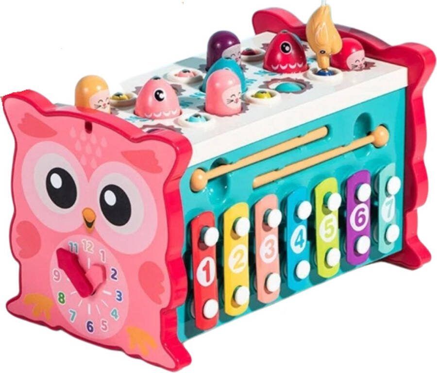 IBI-IRN Houten Activiteiten kubus Geschikt voor baby's en kinderen vanaf 9 maanden Montessori speelgoed Interactief speelgoed Houten speelgoed Rood 8 in 1 multifunctioneel sensorisch speelgoed uil
