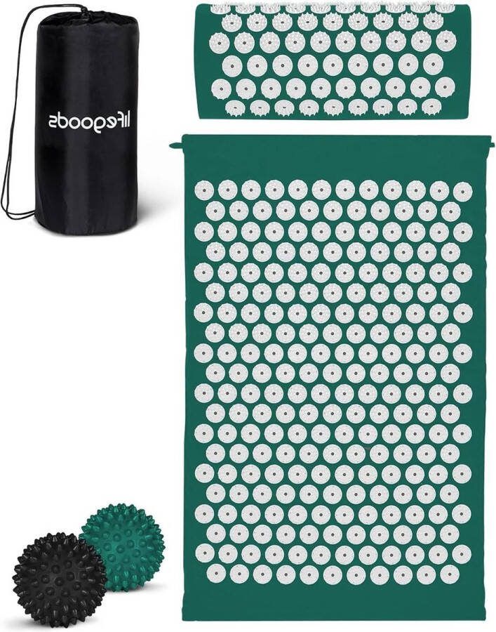 Acupressuur Mat met Kussen en Triggerpoint Massage Ballen Ontspanning en Pijnverlichting Acupunctuur Massage Set Lotus Shakti Mat Groen & Wit massage matras