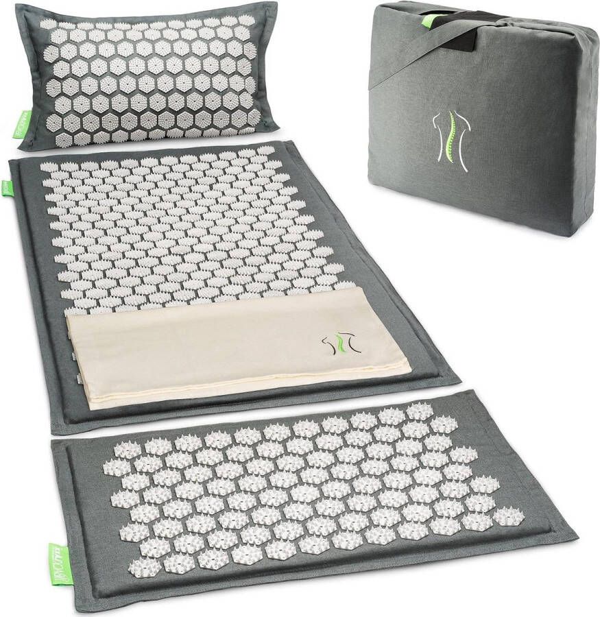Acupressuurmat XL grijs met kussen en tas voor nek en schouder massage acupunctuurmat met stekels massage matras