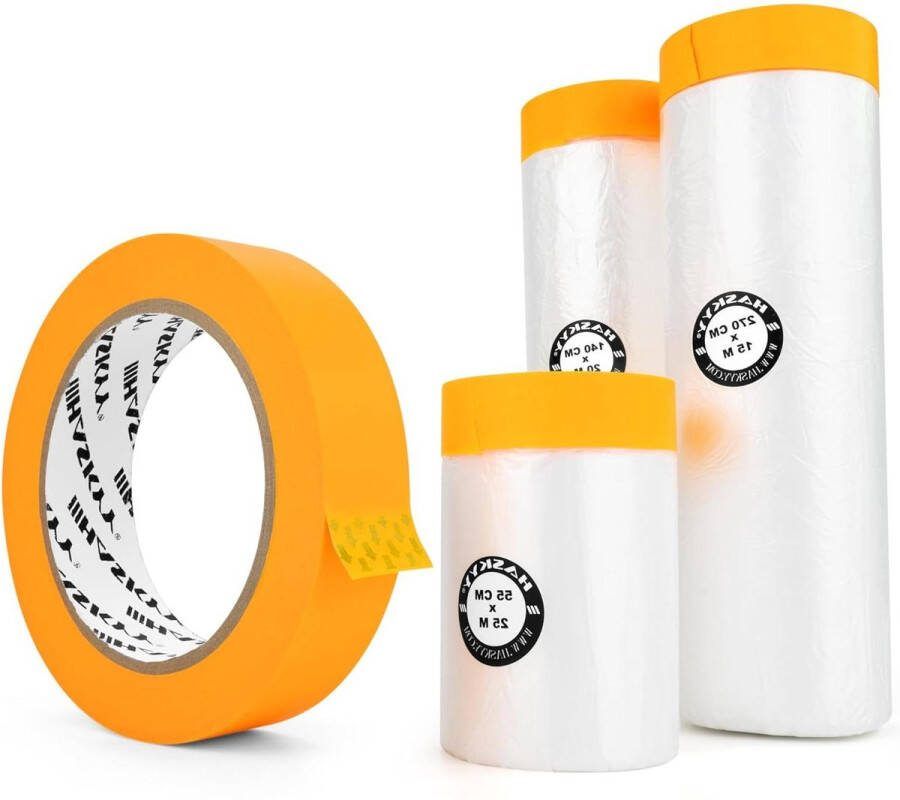 Afdekfolie professionele bouwfolie set van 4 schilderfolie HASKYY 55 cm x 25 m 140 cm x 20 m 270 cm x 15 m 8225 m² met goudband afplakband masker tape Washi tape Afdekfolie