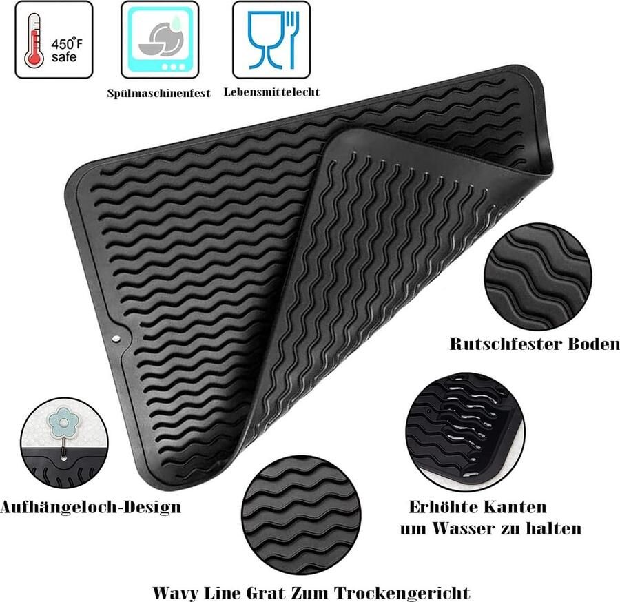 Afdruipmat siliconen afdruipmat servies 2 stuks 40 cm x 30 cm hittebestendig en antislip voor het opbergen van bestek en servies siliconenmat zwart groot