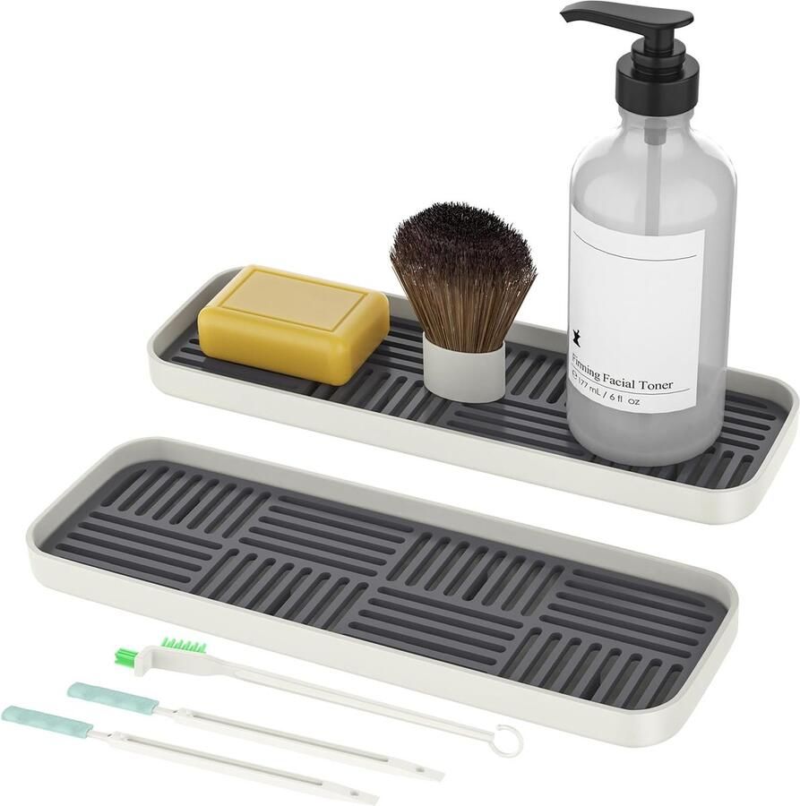 Afdruipmat smal spoelbakorganizer smal met 3 reinigingsborstels afdruiprooster klein keukenbadkamerorganizer voor sponzen zeep (donkergrijs 30 x 10 x 3 cm 2 stuks)