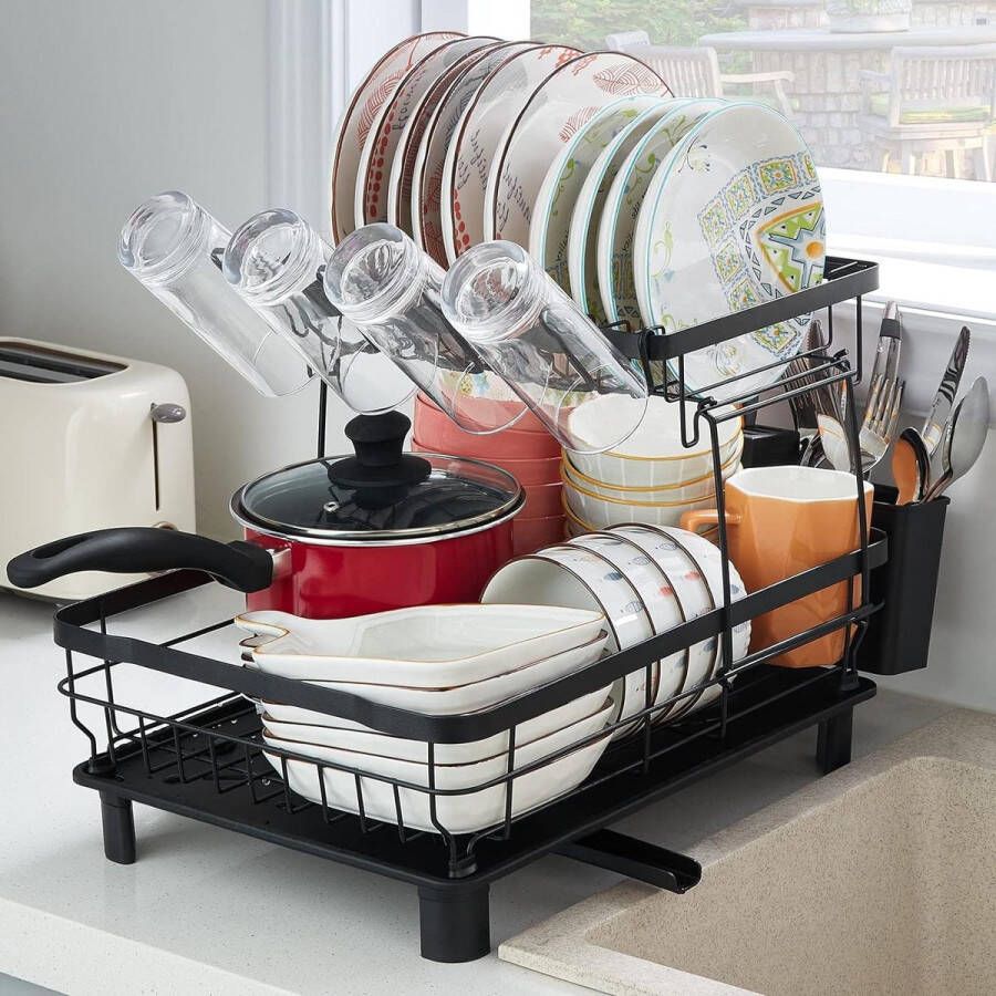 Afdruiprek 2-laags Roestvrijstalen Aanrecht Afvoer Verwijderbaar Keukengereihouder Bekerhouder dish drying rack