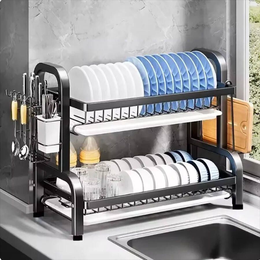 Afdruiprek 2-Tier Compact Keuken Afdruiprek Afdruipplank Set Grote Roestbestendige Afdruiprek Met Gebruiksvoorwerp Houder