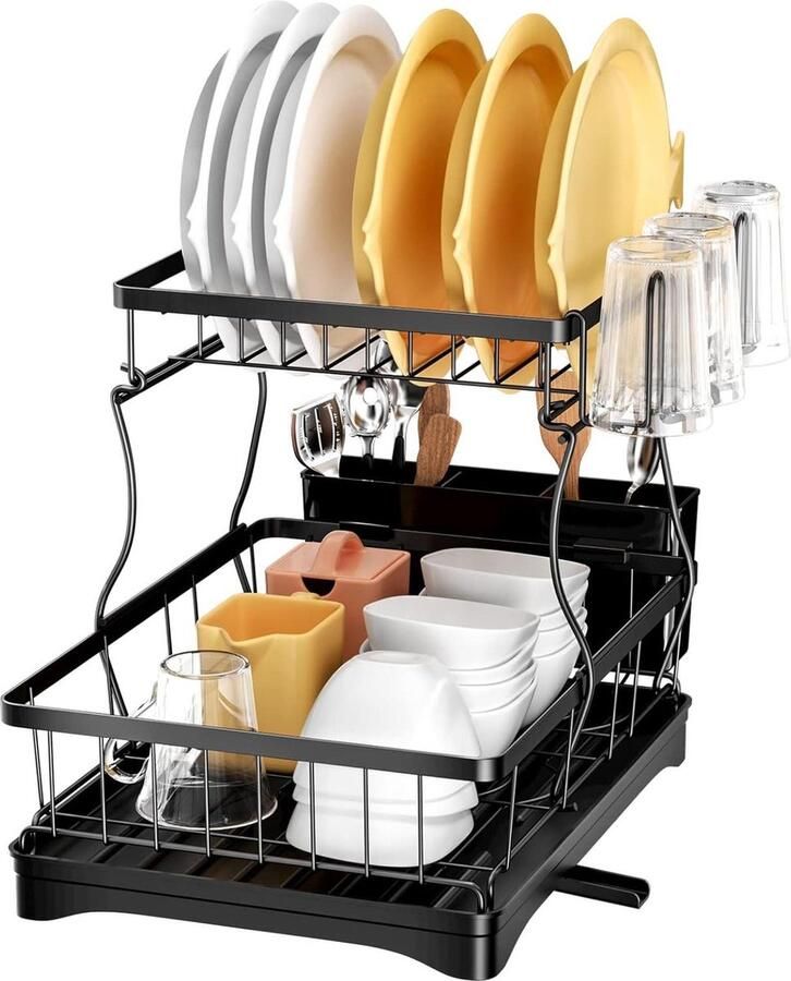 Afdruiprek met 2 niveaus zwart afneembaar automatische afwatering keuken servies keukengereihouder bekerhouder