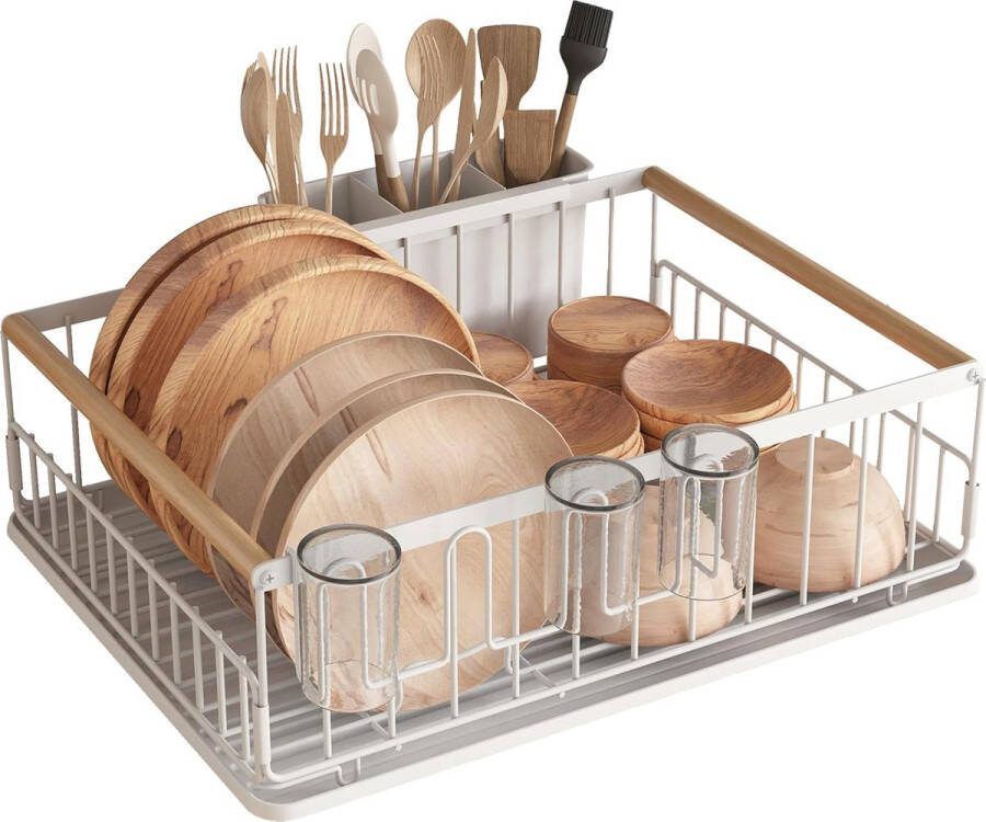 Afdruiprek met afdruipbak en bestekverzamelaar bestekstandaard met lekbak 43 × 32 × 14 cm (wit)