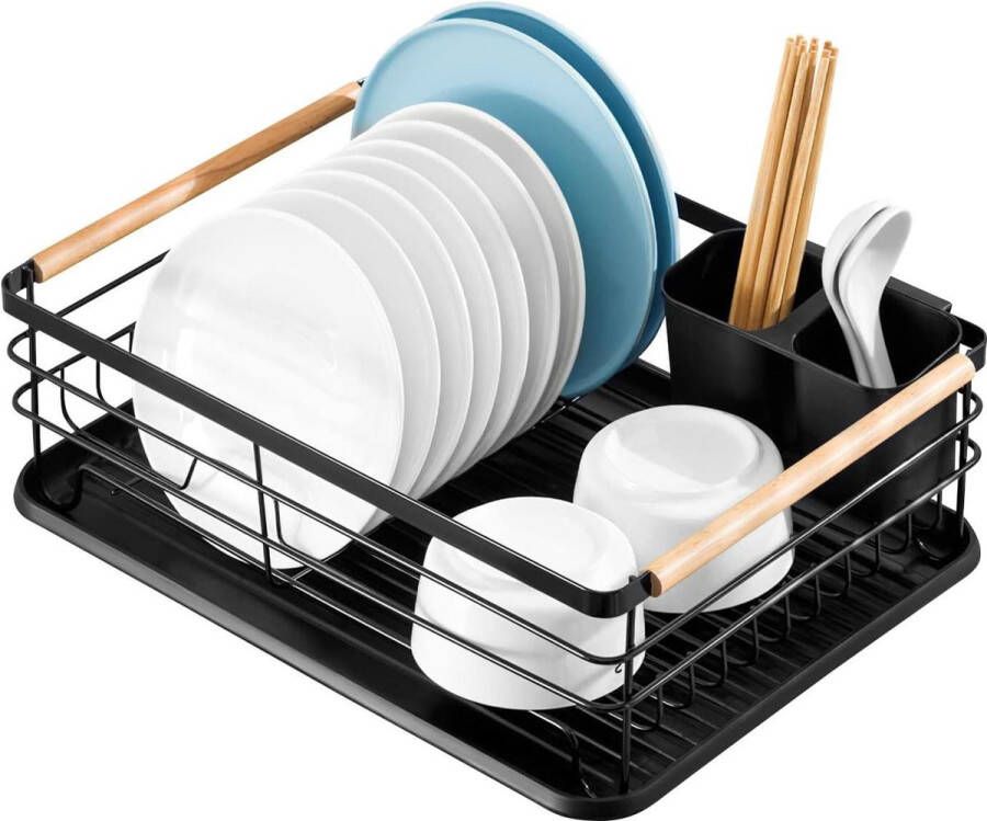 Afdruiprek met bestekmand en afdruipbak Plastic Keuken 43 x 33.5 x 15 Zwart