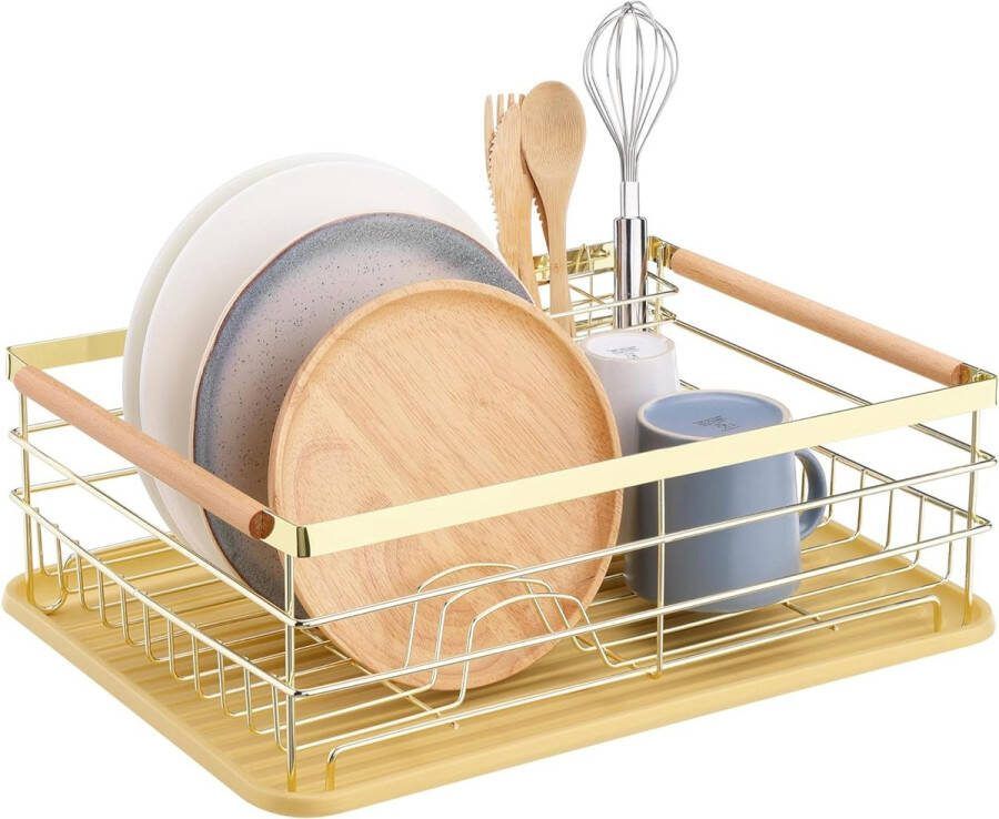 Afdruiprek met uitneembare bestekhouder Afwasrek met losse lekbak Vaatwasrek met plateau Voor bestek borden schalen en pannen Goud