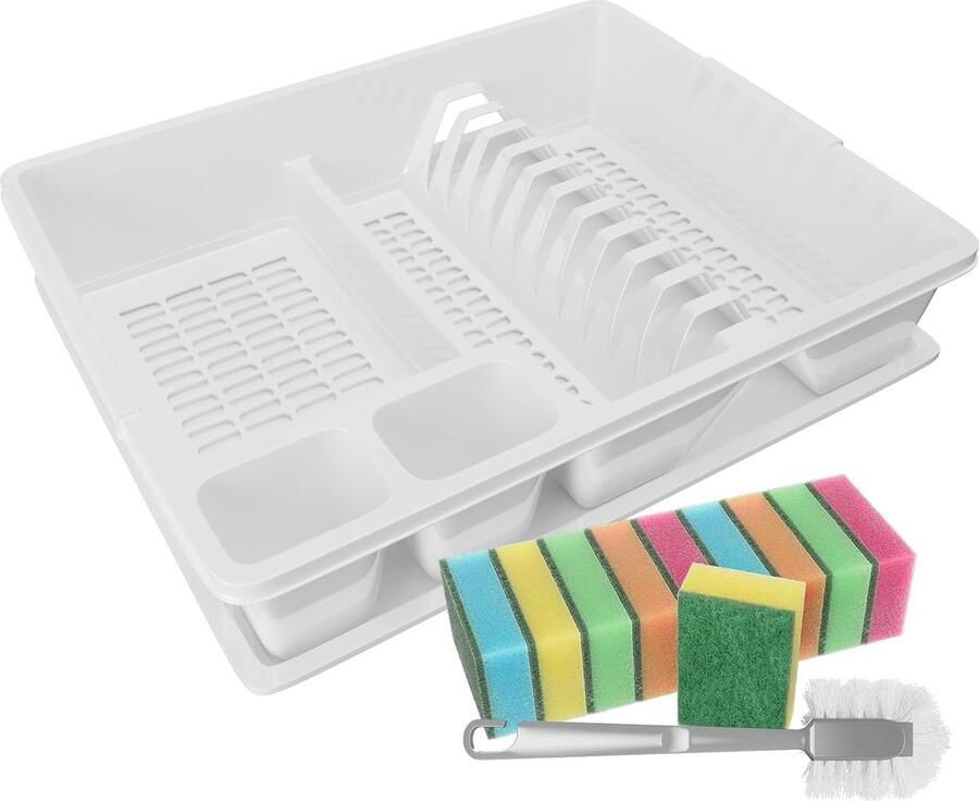 WELLGRO Afdruiprek van kunststof met reinigingsborstel en 10 sponzen 44 x 35 x 9 cm (l x b x h) afdruiprek voor gootsteen Wit