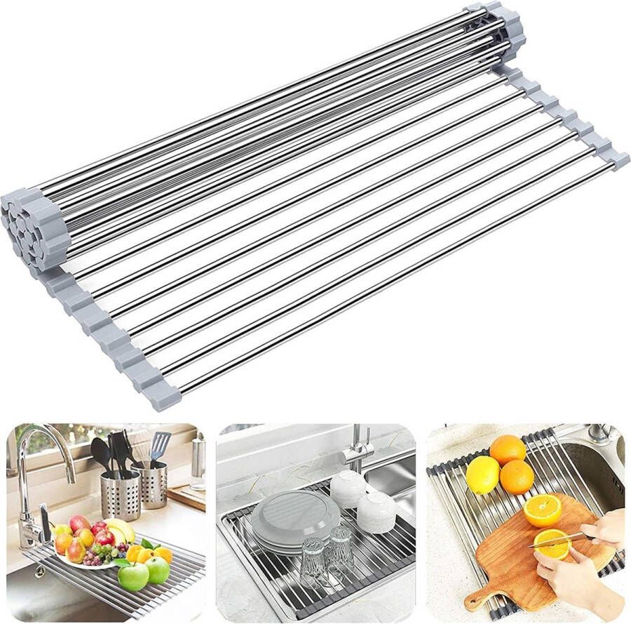 Afdruiprek servies 47 x 30 cm oprolbaar afdruipmat servies roestvrij staal hittebestendig afdruiprek zinkorganizer keuken afdruiprek gootsteen voor kopjes fruit groenten grijs