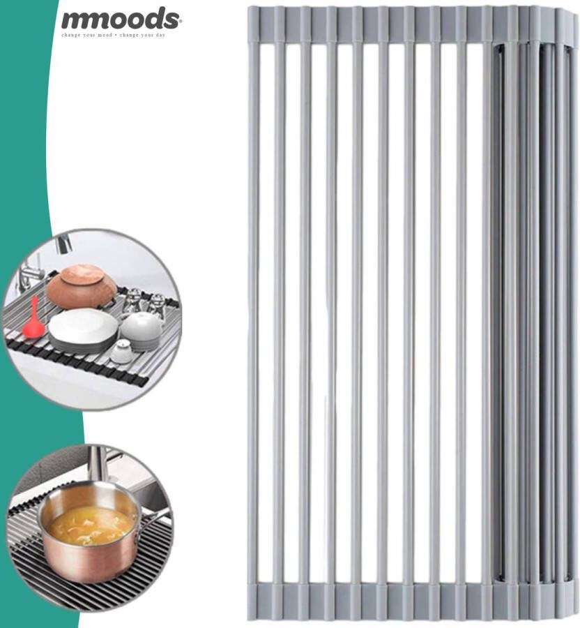 Mmoods Afdruiprek voor Afwas Warmtewerend RVS Rolmat Afdruiprooster Hittebestendig Pannen Rooster Pannenonderzetter Afkoelrooster Camping Essentials Rolmat Kitchen Organiser