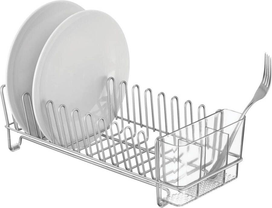 Afdruiprek voor gootsteen in de keuken voor borden en bestek metaal en plastic met bestekbakje pc chroom doorzichtig